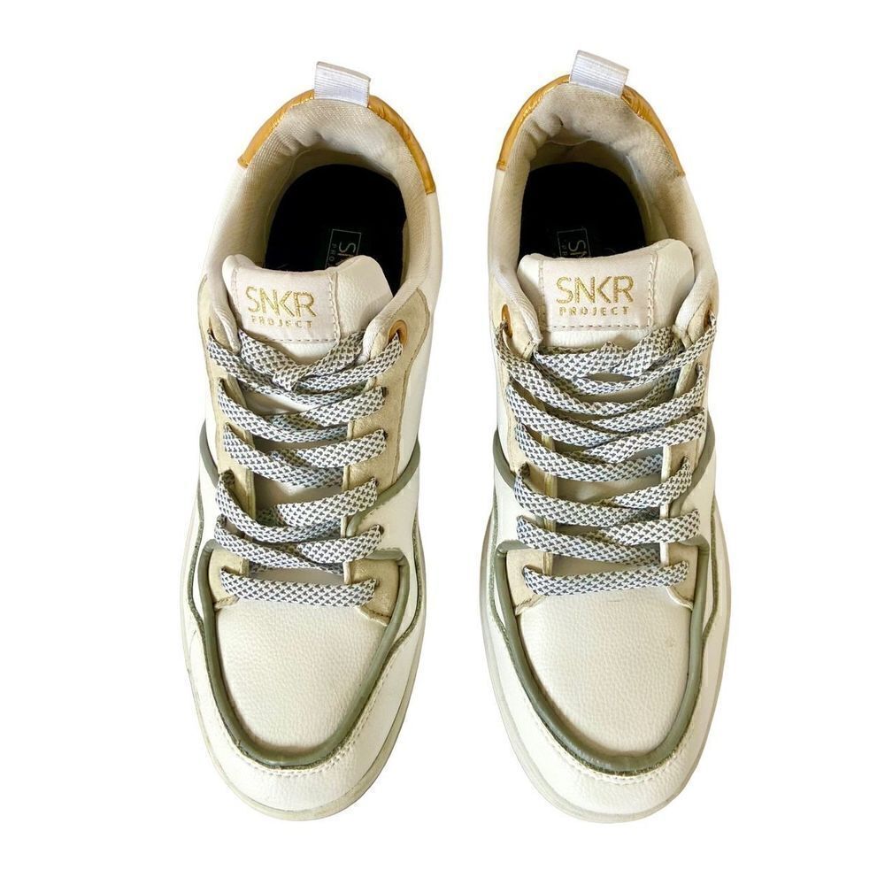SNKR Project Mens Lafayette Leather Low Top Lace Up, White/Gold Size 8 TV Worn